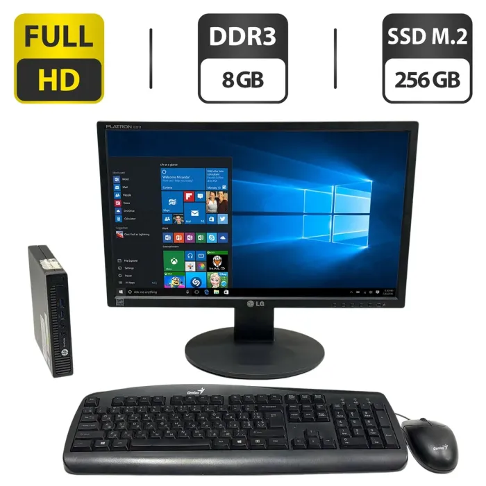 Комплект ПК: HP ProDesk 400 G1 Desktop Mini USFF / Intel Core i3-4160T (2 (4) ядра по 3.1 GHz) / 8 GB DDR3 / 256 GB SSD M.2 / Intel HD Graphics 4400 + Монітор LG Flatron E2211S-BN / 22" (1920x1080) TN / VGA б/в - зображення 1