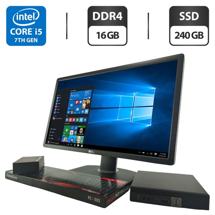 Комплект ПК: неттоп Dell OptiPlex 7050 Micro USFF / Intel Core i5-7500T (4 ядра по 2,7 - 3,3 ГГц) / 16 ГБ DDR4 / 240 ГБ SSD / Intel HD Graphics 630 + Монітор 24" (1920x1080) TN б/в - зображення 1