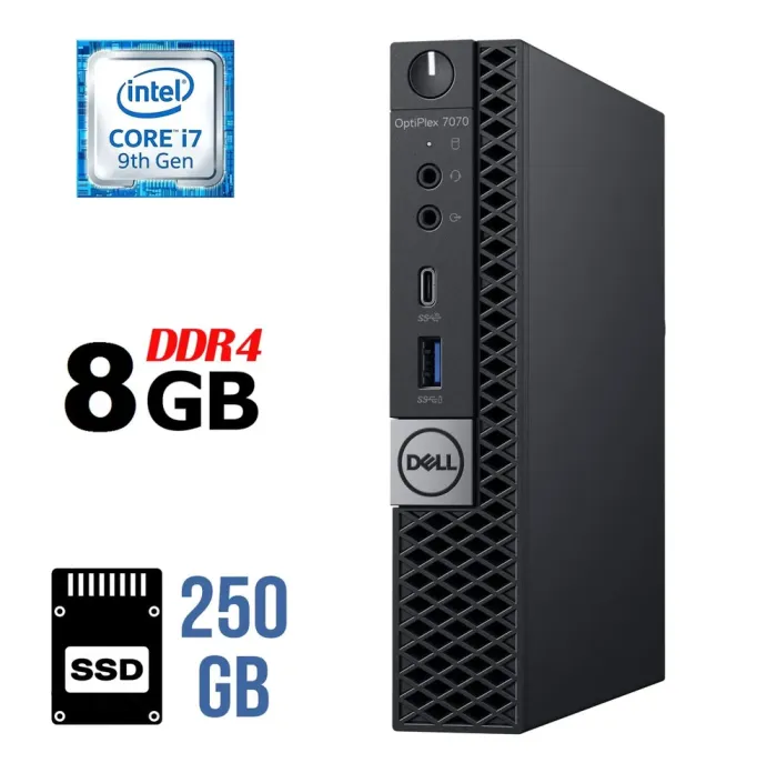 Неттоп Dell OptiPlex 7070 Micro USFF / Intel Core i7-9700T (8 ядер по 2.0 - 4.3 GHz) / 8 GB DDR4 / 250 GB SSD / Intel UHD Graphics 630 / DisplayPort б/в - зображення 1