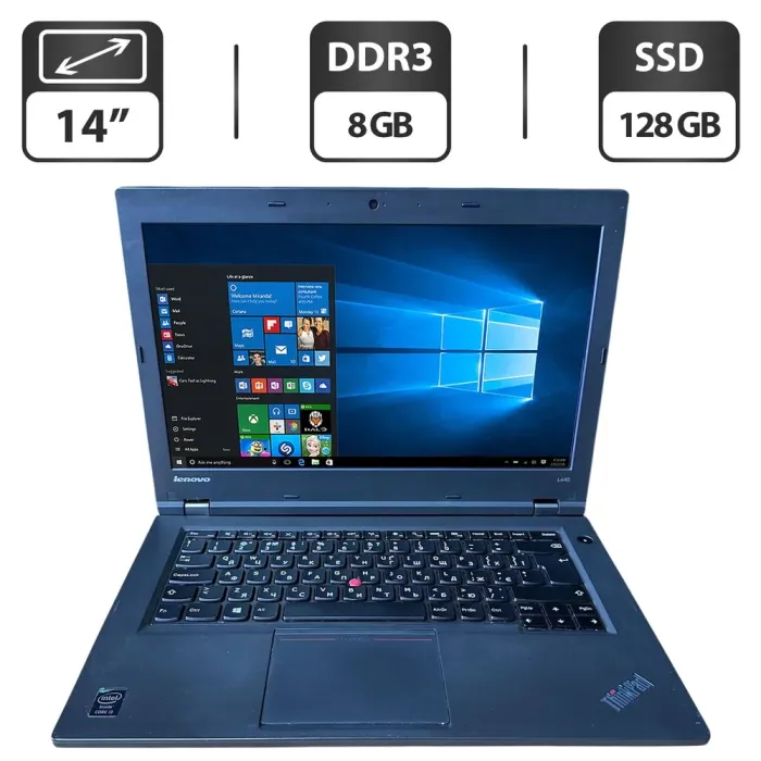 Ноутбук Б-клас Lenovo ThinkPad L440 / 14" (1366x768) TN / Intel Core i3-4000M (2 (4) ядра по 2.4 GHz) / 8 GB DDR3 / 128 GB SSD / Intel HD Graphics 4600 / WebCam б/в - зображення 1