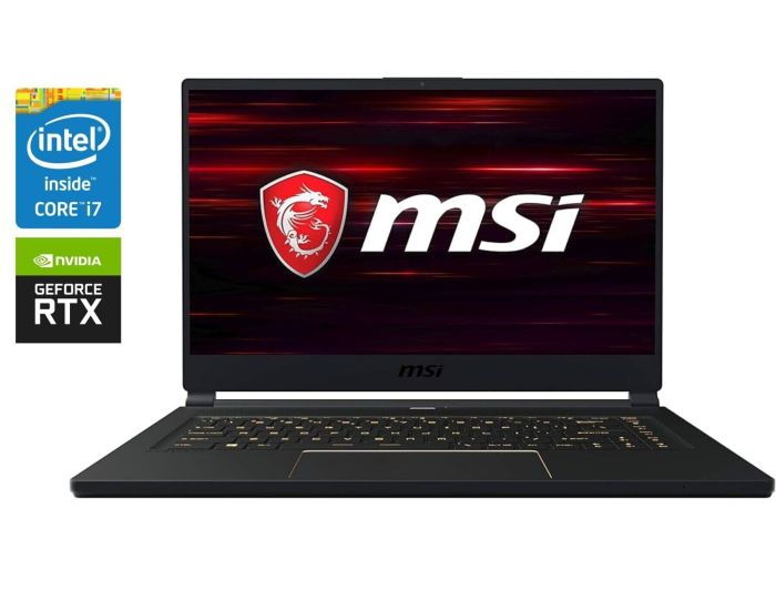 Ігровий ноутбук Б-клас MSI GS65 Stealth 9SE / 15.6" (1920x1080) IPS / Intel Core i7-9750H (6 (12) ядер по 2.6 - 4.5 GHz) / 16 GB DDR4 / 512 GB SSD NVMe / nVidia GeForce RTX 2060, 6 GB GDDR6, 192-bit / WebCam б/в - зображення 1