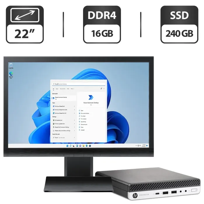 Комплект ПК: HP ProDesk 600 G3 Mini PC USFF / Intel Core i3-7100T (2 (4) ядра по 3.4 GHz) / 16 GB DDR4 / 240 GB SSD / Intel HD Graphics 630 + Монітор Б-клас 22" (1680x1050) TN + Windows 11 Pro б/в - зображення 1