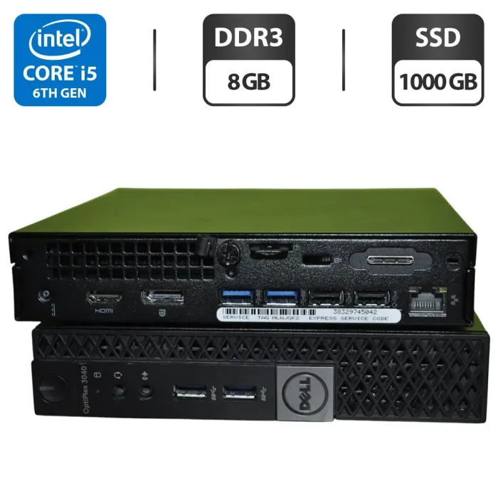 Неттоп Dell OptiPlex 3040 Micro USFF / Intel Core i5-6500T (4 ядра по 2.5 - 3.1 GHz) / 8 GB DDR3 / 1000 GB SSD / Intel HD Graphics 530 / Windows 11 Pro б/в - зображення 1