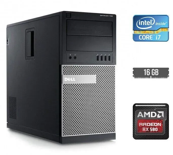 Ігровий ПК Dell OptiPlex 790 Tower / Intel Core i7-2600 (4 (8) ядра по 3.4 - 3.8 GHz) / 16 GB DDR3 / 500 GB SSD / AMD Radeon RX 580, 8 GB GDDR5, 256-bit б/в - зображення 1