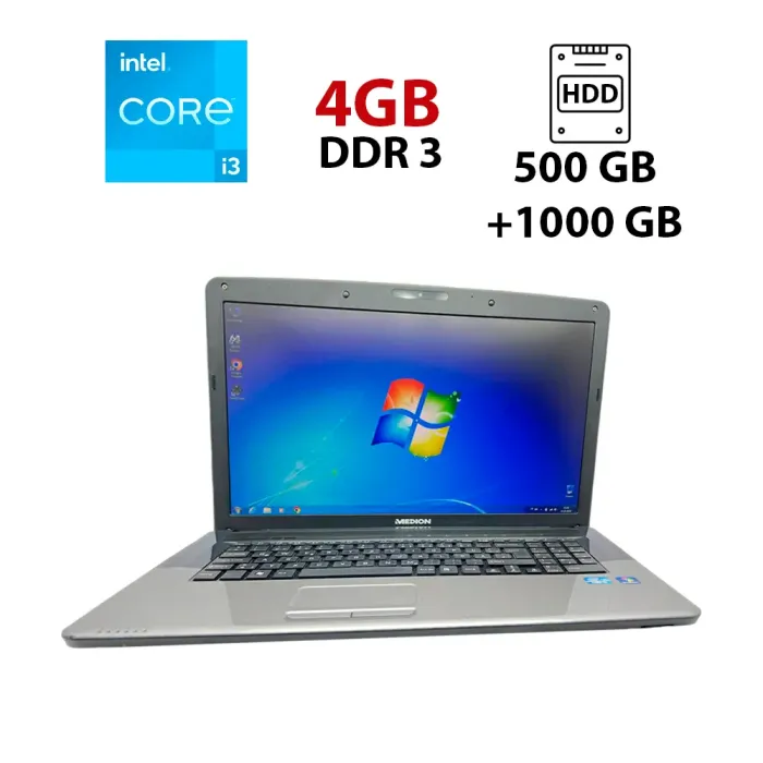 Ноутбук Б-клас Medion Akoya E7220 / 17.3" (1600x900) TN / Intel Core i3-2310M (2 (4) ядра по 2.1 GHz) / 4 GB DDR3 / 500 GB HDD + 1000 GB HDD / Intel HD Graphics / WebCam / USB 3.0 б/в - зображення 1