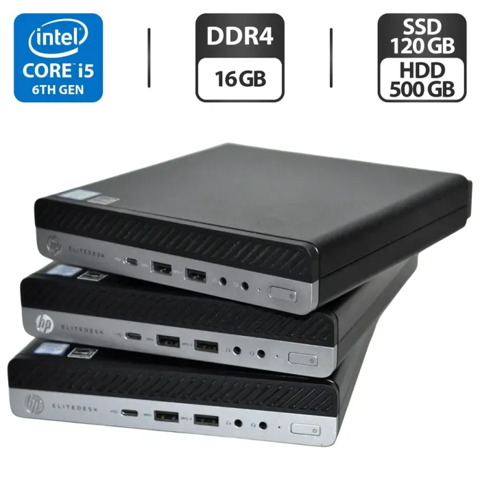 Неттоп HP EliteDesk 800 G3 Desktop Mini USFF / Intel Core i5-6500T (4 ядра по 2.5 - 3.1 GHz) / 16 GB DDR4 / 120 GB SSD + 500 GB HDD / Intel UHD Graphics 630 / USB Wi-Fi / Windows 11 Pro б/в - зображення 1