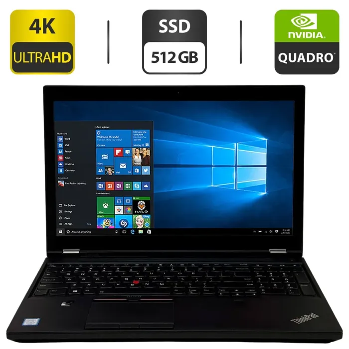 Мобільна робоча станція Lenovo ThinkPad P51 / 15,6" (3840x2160) IPS / Intel Core i7-7700HQ (4 (8) ядер по 2,8 - 3,8 ГГц) / 16 ГБ DDR4 / 512 ГБ SSD / nVidia Quadro M1200, 4 ГБ GDDR5, 128-біт / WebCam / Windows 10 Pro б/в - зображення 1