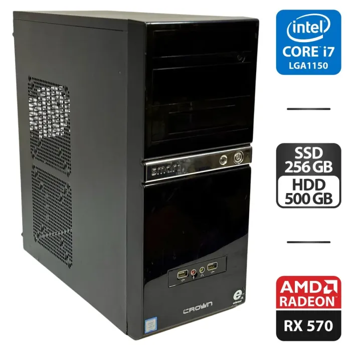 Комп'ютер Crown SM601 Black Tower / Intel Core i7-4790S (4 (8) ядра по 3.2 - 4.0 GHz) / 16 GB DDR3 / 256 GB SSD + 500 GB HDD / AMD Radeon RX 570, 4 GB GDDR5, 256-bit / 450W б/в - зображення 1