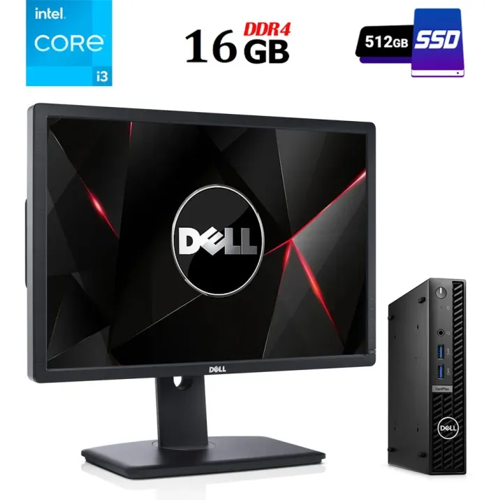 Комплект ПК: Dell OptiPlex 7010 Micro USFF / Intel Core i3-13100T (4 (8) ядра по 2.5 - 4.2 GHz) / 16 GB DDR4 / 512 GB SSD / Intel UHD Graphics 730 + Монітор Dell UltraSharp U2413f / 24" (1920x1200) IPS / DVI, DisplayPort, miniDP, HDMI, USB б/в - зображення 1
