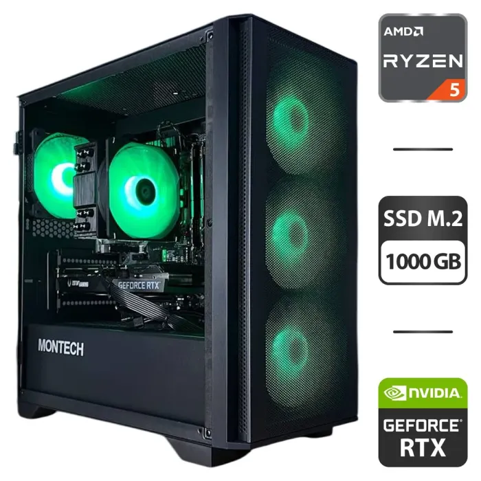 Збірка на замовлення: ігровий ПК Montech Air 100 ARGB Tower / AMD Ryzen 5 5500 (6 (12) ядер по 3,6 - 4,2 ГГц) / 16 ГБ DDR4 / 1000 ГБ SSD M.2 / nVidia GeForce RTX 3060 Ti, 8 ГБ GDDR6, 256-bit / 650 Вт б/в - зображення 1