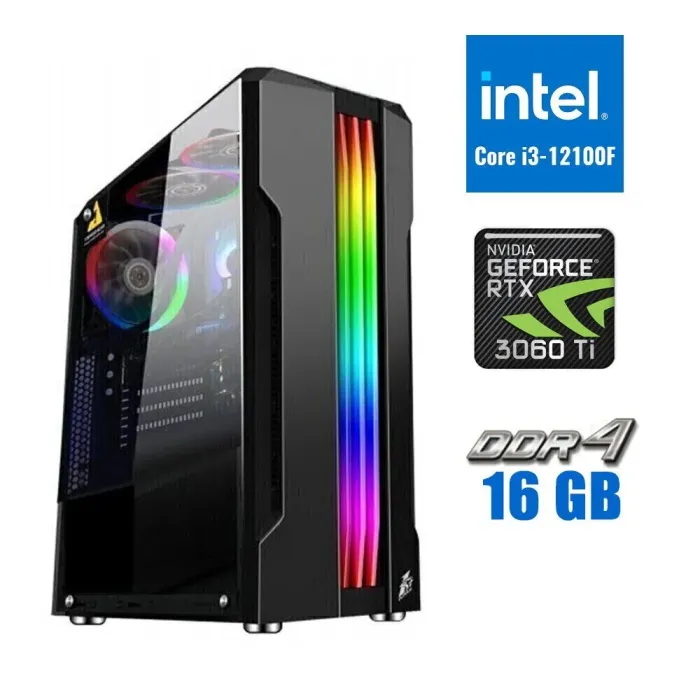 Ігровий ПК Tower / Intel Core i3-12100F (4 ядра по 3.3-4.3 GHz) / 16GB DDR4 / 500GB SSD M.2 / GeForce RTX 3060 Ti, 8GB GDDR6, 256-bit / 700W - зображення 1