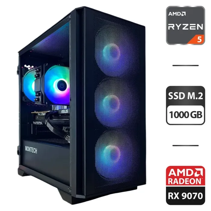 Збірка на замовлення: ігровий ПК Montech Air 1000 Premium Black Tower / AMD Ryzen 5 7500F (6 (12) ядер по 3,7 - 5,0 ГГц) / 32 ГБ DDR5 / 1000 ГБ SSD M.2 / AMD Radeon RX 9070, 16 GB GDDR6, 256-bit / 750W - зображення 1
