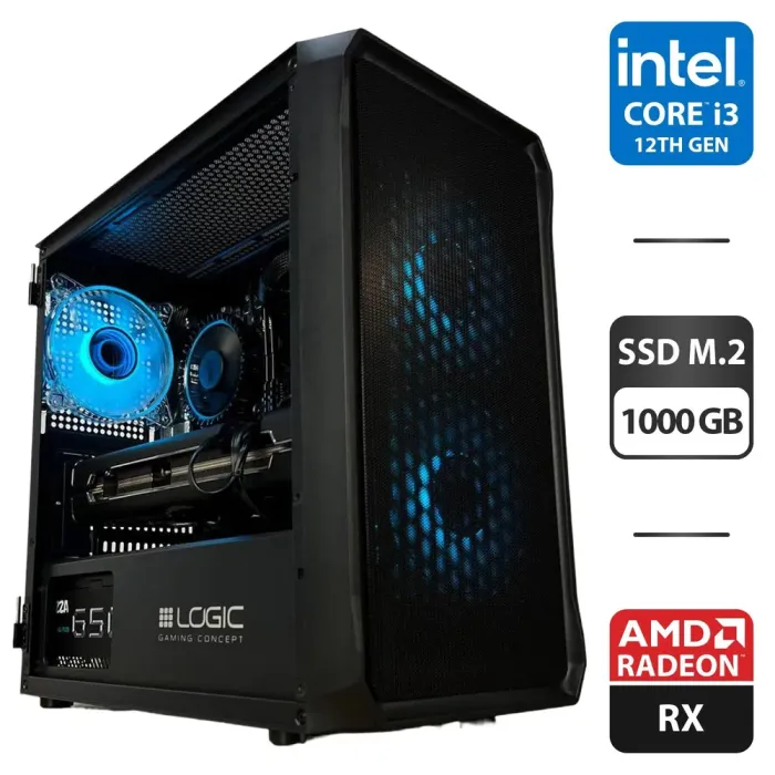 Збірка під замовлення: ігровий ПК Logic Concept Portos ARGB Mini Black Tower / Intel Core i3-12100F (4 (8) ядер по 3.3 - 4.3 GHz) / 16 GB DDR4 / 1000 GB SSD M.2 / AMD Radeon RX 5700 XT, 8 GB GDDR6, 256-bit / 650W б/в - зображення 1