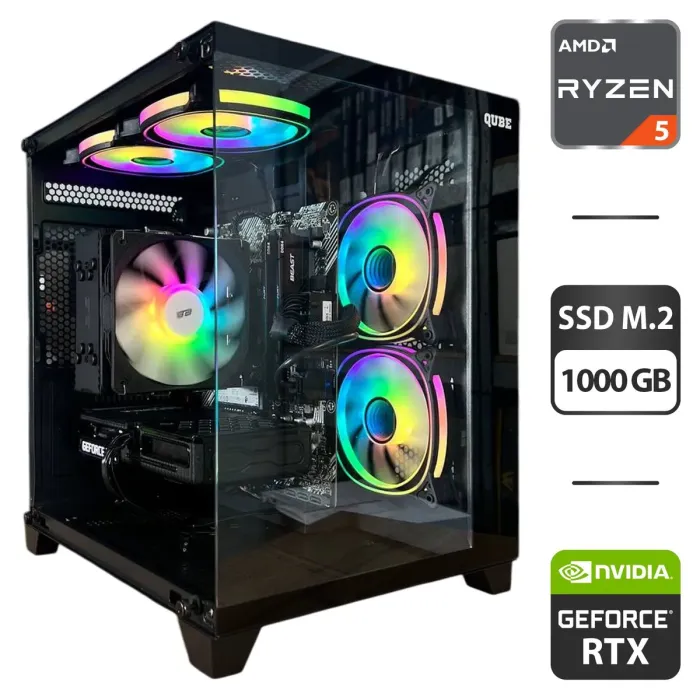 Збірка під замовлення: ігровий ПК Qube Reef ARGB Black Tower / AMD Ryzen 5 5500 (6 (12) ядер по 3.6 - 4.2 GHz) / 16 GB DDR4 / 1000 GB SSD M.2 / nVidia GeForce RTX 3060, 12 GB GDDR6, 192-bit / 650W / HDMI б/в - зображення 1