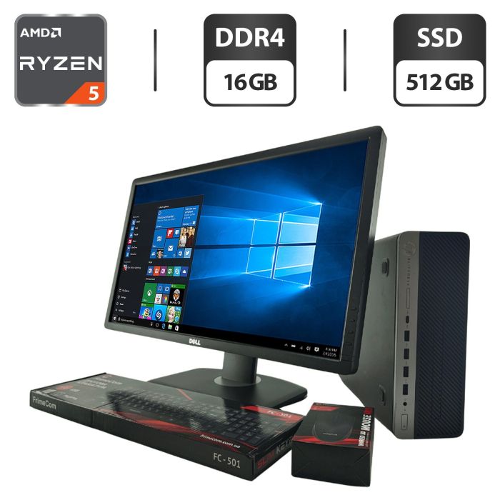 Комплект ПК: комп'ютер HP EliteDesk 705 G4 SFF / AMD Ryzen 5 Pro 2400G (4 (8) ядра по 3,6 - 3,9 ГГц) / 16 ГБ DDR4 / 512 ГБ SSD / AMD Radeon RX Vega 11 Graphics + Монітор 24" (1920x1080) TN  б/в - зображення 1