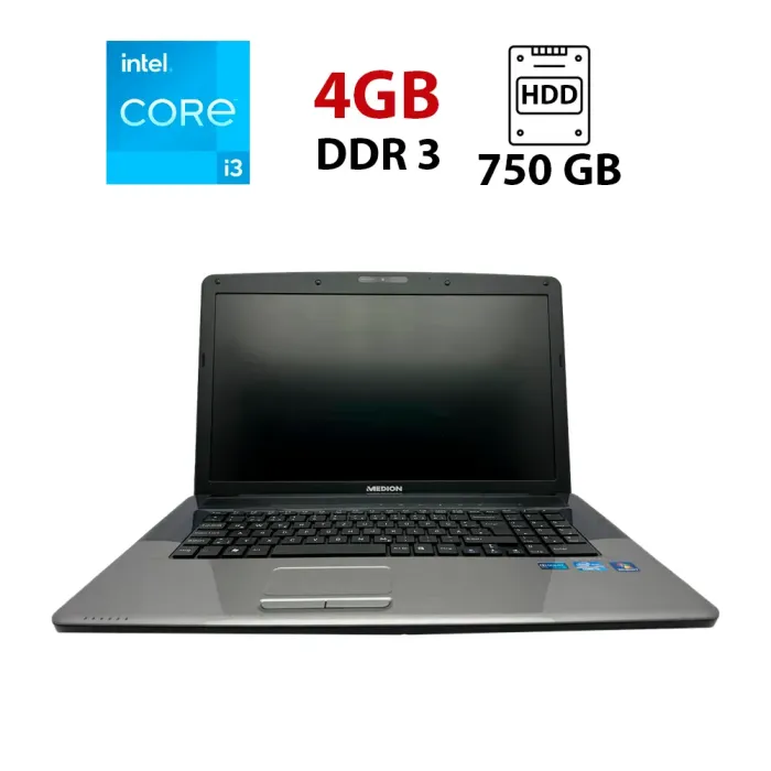 Ноутбук Medion Akoya E7220 / 17.3" (1600x900) TN / Intel Core i3-2310M (2 (4) ядра по 2.1 GHz) / 4 GB DDR3 / 750 GB HDD / Intel HD Graphics 3000 / WebCam / АКБ відсутня б/в - зображення 1