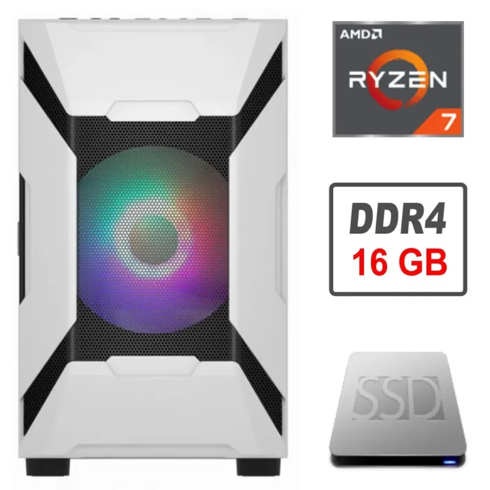 Игровой ПК 1Stplayer D3-A-G7-MAX-WH Tower / AMD Ryzen 7 1700 (8 (16) ядер по 3.0-3.7 GHz) / 16 GB DDR4 / 80 GB SSD / Gigabyte Radeon RX 570 Aorus, 4 GB GDDR5, 256-bit / 600W б/в - зображення 1
