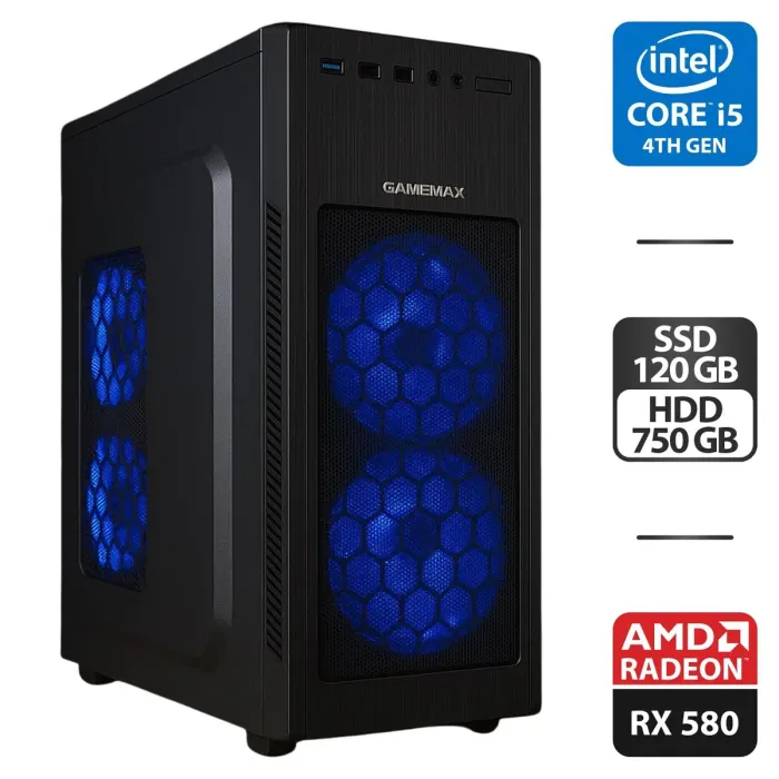 Ігровий ПК GameMax MT520-FAN Black Tower / Intel Core i5-4670 (4 ядра по 3,4 - 3,8 ГГц) / 16 ГБ DDR3 / 120 ГБ SSD + 750 ГБ HDD / AMD Radeon RX 580, 8 ГБ GDDR5, 256-біт / 500 Вт б/в - зображення 1