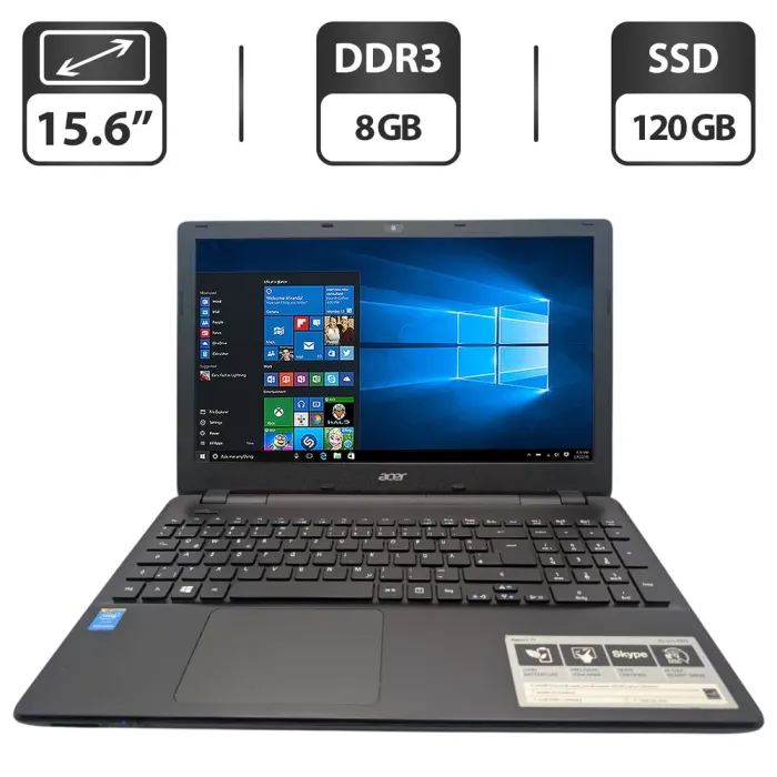 Ноутбук Acer Aspire E5-511 / 15.6" (1366x768) TN / Intel Pentium N3530 (4 ядра по 2.16 - 2.58 GHz) / 8 GB DDR3 / 120 GB SSD / Intel HD Graphics / WebCam / DVD-ROM б/в - зображення 1