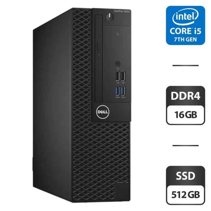 Комп'ютер Dell OptiPlex 3050 SFF / Intel Core i5-7500 (4 ядра по 3,4 - 3,8 ГГц) / 16 ГБ DDR4 / 512 ГБ SSD / Intel HD Graphics 630 / DVD-ROM б/в - зображення 1