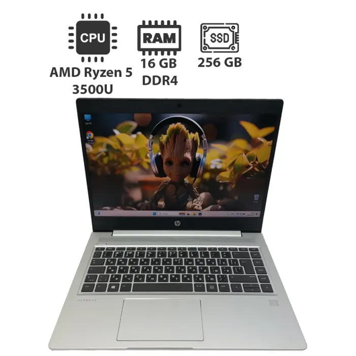 Ультрабук HP 445 G6 / 14" (1920x1080) TN / AMD Ryzen 5 3500U (4 (8) ядра по 2.1 - 3.7 GHz) / 16 GB DDR4 / 256 GB SSD / Radeon Vega 8 Graphics / WebCam / Win 11 Pro б/в - зображення 1