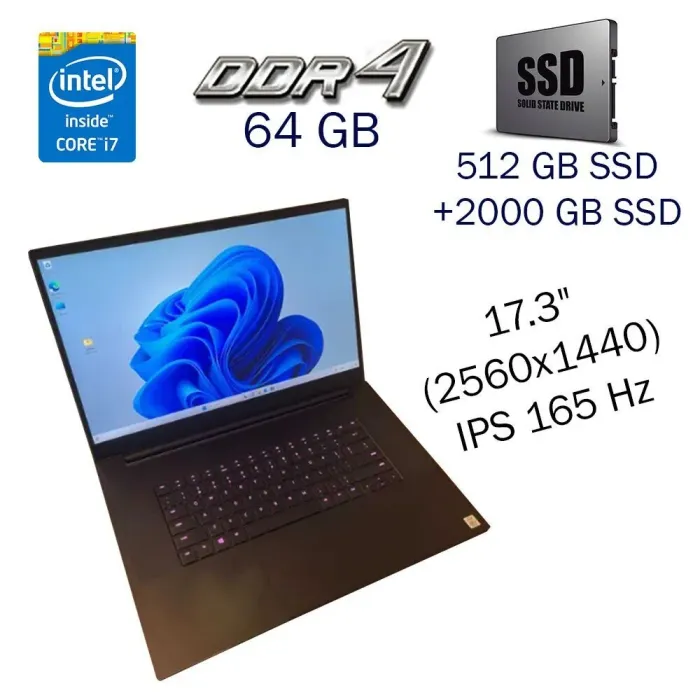 Ігровий ноутбук Razer Blade Pro 17 / 17.3" (2560x1440) IPS / Intel Core i7-10875H (8 (16) ядер по 2.3 - 5.1 GHz) / 64 GB DDR4 / 512 GB SSD+2000 GB SSD / nVidia GeForce RTX 3070, 8 GB GDDR6, 256-bit / WebCam б/в - зображення 1