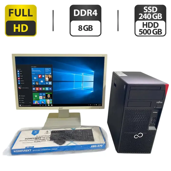 Комплект ПК: комп'ютер Fujitsu Esprimo P558 E85 Tower / Intel Core i3-8100 (4 ядра по 3.6 GHz) / 8 GB DDR4 / 240 GB SSD + 500 GB HDD / Intel UHD Graphics 630 + Монітор Б-клас Acer B246HL / 24" (1920x1080) TN + Клавіатура, мишка, кабелі б/в - зображення 1