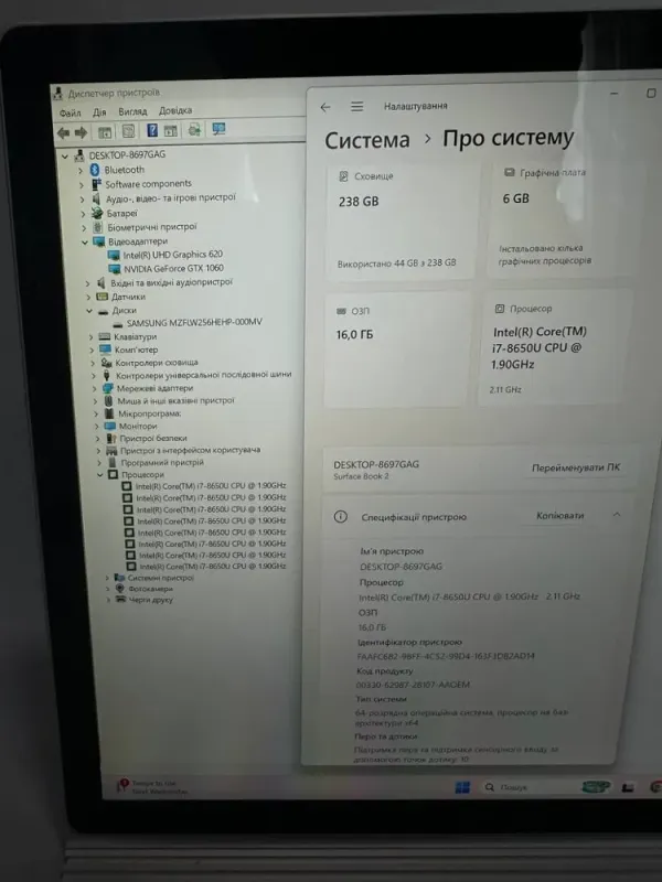 Ігровий ультрабук-трансформер Б-клас Microsoft Surface Book 2 / 15.0" (3240x2160) IPS Touch / Intel Core i7-8650U (4 (8) ядра по 1.9 - 4.2 GHz) / 16 GB DDR4 / 256 GB SSD / nVidia GeForce GTX 1060, 6 GB GDDR5, 192-bit / WebCam / Win 11 б/в - зображення 9