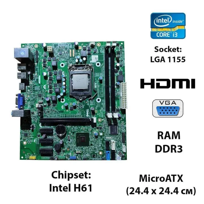Комплект: материнская плата Dell MIH61R-MB / Socket LGA 1155 с процессором Intel Core i3-2120 (2 (4) ядра по 3.3 GHz); 3 MB Cache Memory б/в - зображення 1