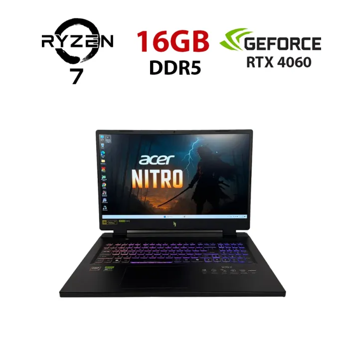 Ігровий ноутбук Б-класу Acer Nitro 17 AN17-42 / 17.3" (1920x1200) IPS / AMD Ryzen 7 8845HS (8 (16) ядер по 3,8 - 5,1 ГГц) / 16 ГБ DDR5 / 512 ГБ SSD / nVidia GeForce RTX 4060, 8 ГБ GDDR6, 128-bit / WebCam б/в - зображення 1
