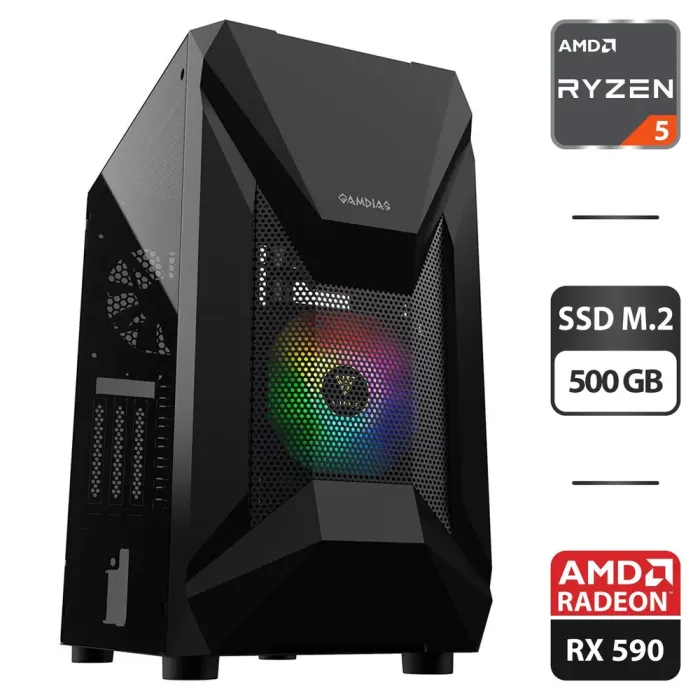 Ігровий ПК Gamdias Athena E1 Elite Black Tower / AMD Ryzen 5 3600 (6(12) ядра по 3.6-4.2 GHz) / 16GB DDR4 / 500GB SSD M.2 / AMD Radeon RX 590, 8 GB GD -bit / HDMI / 700W - зображення 1