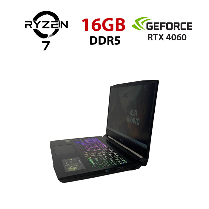 Ігровий ноутбук Б-класу MSI Bravo 15 C7VFK / 15.6" (1920x1080) IPS / AMD Ryzen 7 7735HS (8 (16) ядер по 3.2 - 4.75 GHz) / 16 GB DDR5 / 512 GB SSD NVMe / nVidia GeForce RTX 4060, 8 GB GDDR6, 128-bit / WebCam б/в - изображение 1