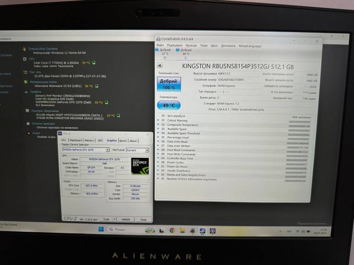 Ігровий ноутбук Dell Alienware 15 R3 / 15.6" (3840x2400) IPS / Intel Core i7-7700HQ (4 (8) ядра по 2.8 - 3.8 GHz) / 32 GB DDR4 / 512 GB SSD + 1000 GB HDD / nVidia GeForce GTX 1070, 8 GB GDDR5, 256-bit / WebCam / Win 11 Pro б/в - зображення 10
