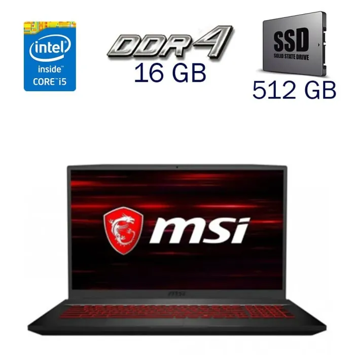 Ігровий ноутбук MSI GF75 Thin 10SC / 17.3" (1920x1080) IPS / Intel Core i5-10300H (4 (8) ядра по 2.5 - 4.5 GHz) / 16 GB DDR4 / 512 GB SSD / nVidia GeForce GTX 1650 Ti, 4 GB GDDR6, 128-bit / WebCam б/в - зображення 1