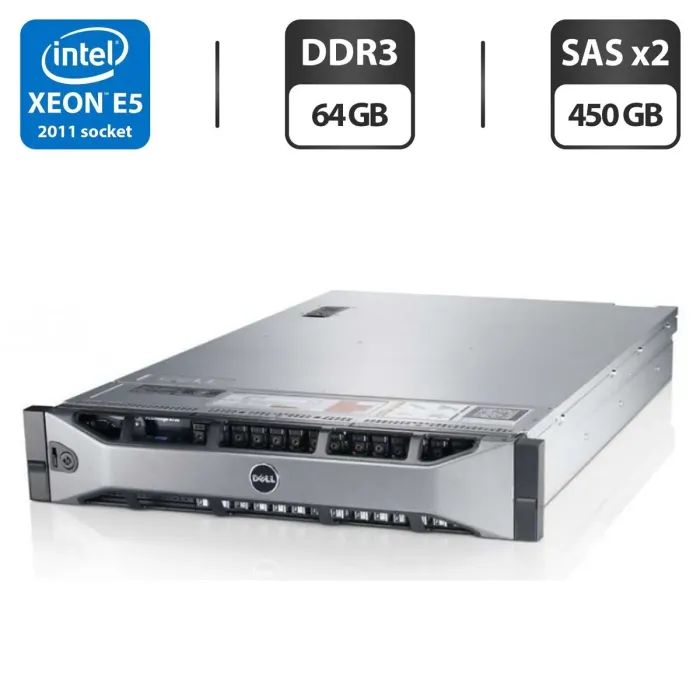 Сервер Dell PowerEdge R720 2U Rack / 2x Intel Xeon E5-2660 v2 (10 (20) ядер по 2.2-3 GHz) / 64 GB DDR3 / 2x 450 GB SAS / iRMC S3 Graphics / Два блоки живлення 750W б/в - зображення 1