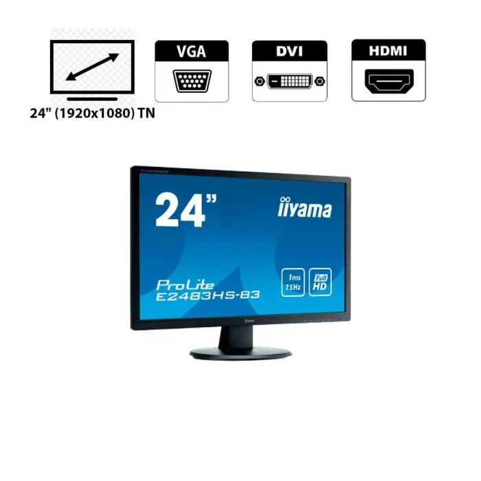 Монітор Iiyama ProLite E2483HS / 24" (1920x1080) TN / VGA, DVI, HDMI, Audio / VESA 100x100 б/в - зображення 1