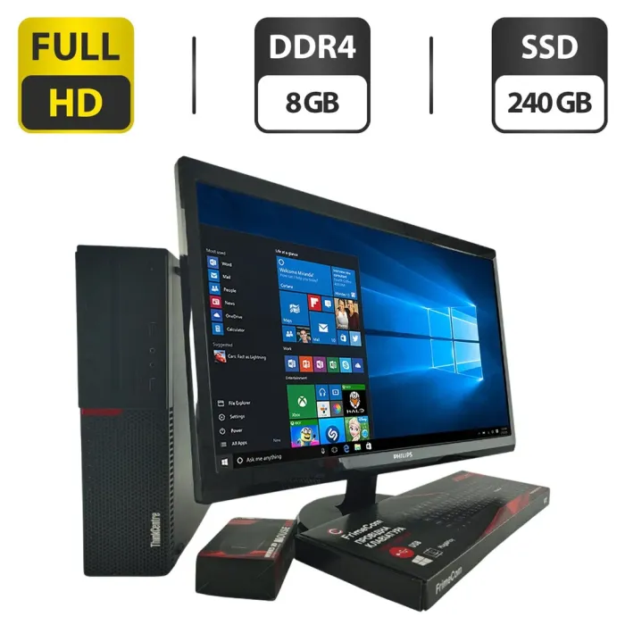 Комплект ПК: Lenovo ThinkCentre M800 SFF / Intel Core i3-6100 (2 ядра по 3.7 GHz) / 8 GB DDR4 / 240 GB SSD / Intel HD Graphics 530 + Монітор Philips 246V5L / 24" (1920x1080) TN / VGA, DVI б/в - зображення 1
