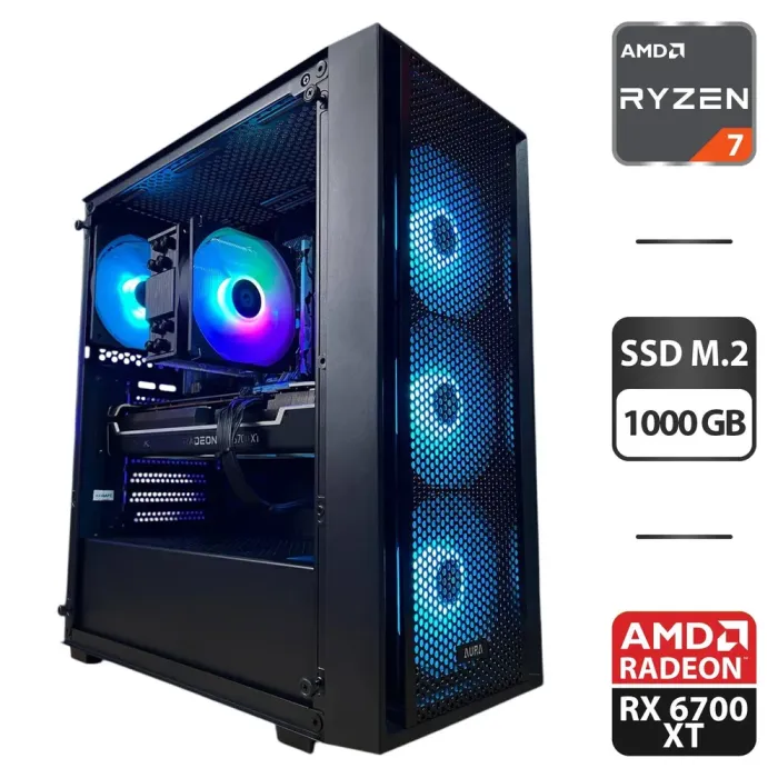 Збірка під замовлення: ігровий ПК Gamdias Aura GC10M ARGB Black Tower / AMD Ryzen 7 5700X (8 (16) ядер по 3.4 - 4.6 GHz) / 32 GB DDR4 / 1000 GB SSD M.2 / AMD Radeon RX 6700 XT, 12 GB GDDR6, 192-bit / 650W б/в - зображення 1