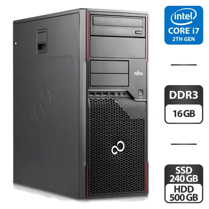Комп'ютер Fujitsu Celsius W410 Tower / Intel Core i7-2600 (4 (8) ядра по 3.4 - 3.8 GHz) / 16 GB DDR3 / 240 GB SSD + 500 GB HDD / Intel HD Graphics 2000 / DVD-ROM б/в - зображення 1