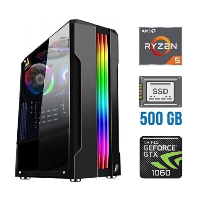 Ігровий ПК Tower / AMD Ryzen 5 4500 (6 (12) ядер по 3.6 - 4.1 GHz) NEW / 16 GB DDR4 NEW / 500 GB SSD NEW / nVidia GeForce GTX 1060, 3 GB GDDR5, 192-bit б/в - зображення 1
