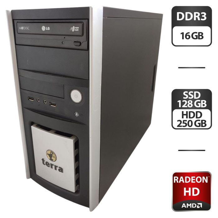 Комп'ютер Terra Tower / Intel Core i7-870 (4 ядра по 2.9 - 3.6 GHz) / 16 GB DDR3 / 128 GB SSD + 250 GB HDD / AMD Radeon HD 6450, 1 GB GDDR3, 64-bit / DVD-ROM б/в - зображення 1