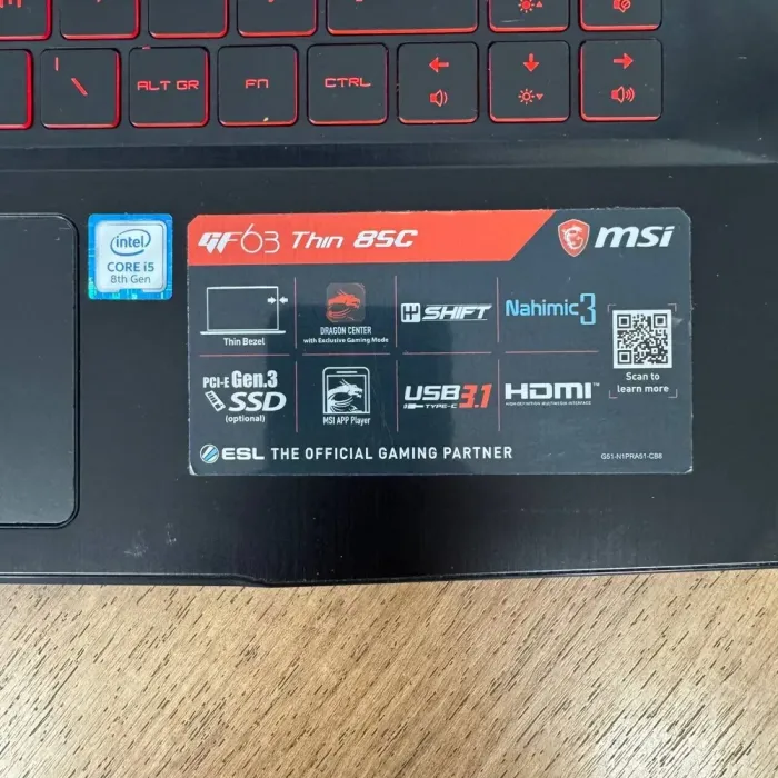 Ігровий ноутбук Б-клас MSI GF63 Thin 8SC / 15.6" (1920x1080) IPS / Intel Core i5-8300H (4 (8) ядра по 2.3 - 4.0 GHz) / 8 GB DDR4 / 256 GB SSD / nVidia GeForce GTX 1650 Max-Q, 4 GB GDDR6, 128-bit / WebCam б/в - зображення 8