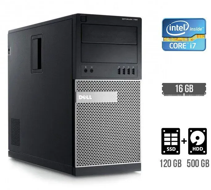 Комп'ютер Dell OptiPlex 790 Tower / Intel Core i7-2600 (4 (8) ядра по 3.4 - 3.8 GHz) / 16 GB DDR3 / 120 GB SSD + 500 GB HDD / Intel HD Graphics 2000 б/в - зображення 1