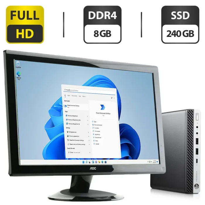 Комплект ПК: HP ProDesk 600 G4 Desktop Mini USFF / Intel Core i3-8100T (4 ядра по 3.1 GHz) / 8 GB DDR4 / 240 GB SSD / Intel UHD Graphics 630 / Wi-Fi + Монітор Б-клас AOC 2236Vwa / 22" (1920x1080) TN / VGA + Windows 11 Pro б/в - зображення 1