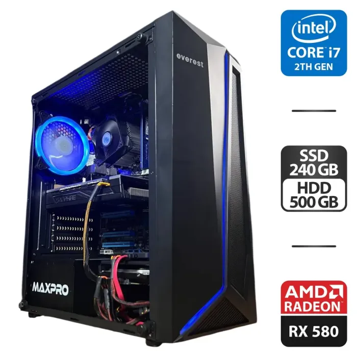 Комп'ютер Everest 8800 ARGB Black Tower / Intel Core i7-2600 (4 (8) ядер по 3,4 - 3,8 ГГц) / 16 ГБ DDR3 / 240 ГБ SSD + 500 ГБ HDD / AMD Radeon RX 580, 8 ГБ GDDR5, 256-біт / 400 Вт б/в - зображення 1