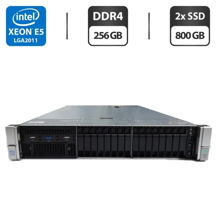 Сервер HP ProLiant DL380 Gen9 (18x 2.5 SFF) 2U Rack / 2x Intel Xeon E5-2667 v3 (8 (16) ядра по 3.2 - 3.6 GHz) / 256 GB DDR4 / 2x 800 GB SSD (SAS) / RAID HP Smart Array P440ar / 2x 500W б/в - зображення 1