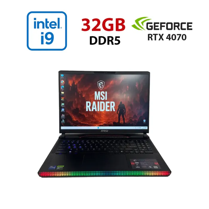 Ігровий ноутбук Б-класу MSI Raider GE68 HX 14VGG / 16" (1920×1200) IPS / Intel Core i9-14900HX (24 (32) ядра по 2,2 - 5,7 ГГц) / 32 ГБ DDR5 / 1000 ГБ SSD NVMe / nVidia GeForce RTX 4070, 8 ГБ GDDR6, 128-біт / Веб-камера б/в - зображення 1