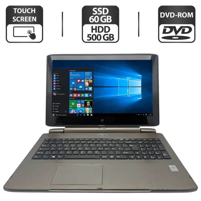 Ноутбук Medion S6214T / 15.6" (1366x768) TN Touch / Intel Pentium N3540 (4 ядра по 2.16 - 2.66 GHz) / 4 GB DDR3 / 60 GB SSD + 500 GB HDD / Intel HD Graphics / WebCam / DVD-ROM / АКБ не тримає б/в - зображення 1