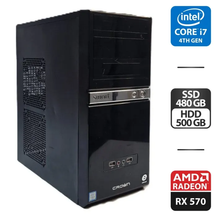Комп'ютер Crown SM601 Black Tower / Intel Core i7-4790S (4 (8) ядра по 3.2 - 4.0 GHz) / 16 GB DDR3 / 480 GB SSD + 500 GB HDD / AMD Radeon RX 570, 4 GB GDDR5, 256-bit / 500W б/в - зображення 1