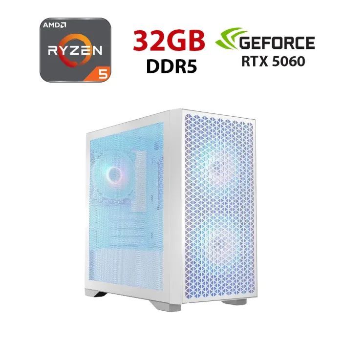 Ігровий ПК Ice DART PRO ARGB MINI WHITEK Tower / AMD Ryzen 5 8400F (6 (12) ядер по 4,2 - 4,7 ГГц) / 32 ГБ DDR5 / 960 ГБ SSD / nVidia GeForce RTX 5060, 8 ГБ GDDR7, 128-bit - зображення 1